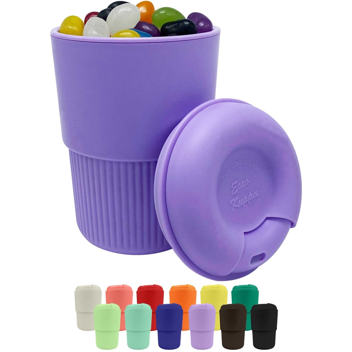 A drink bottle in purple with a matching lid, filled with colourful jelly beans. Includes a variety of additional colours.