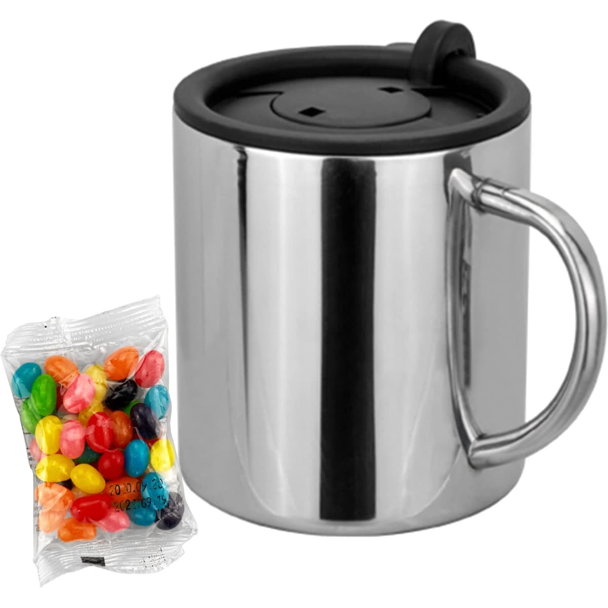 A stainless steel coffee mug with a black lid alongside a pack of colourful jelly beans.