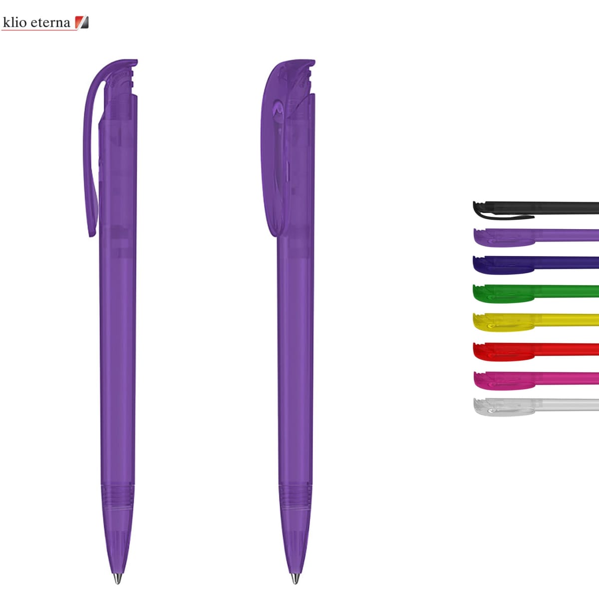 Two transparent purple plastic pens alongside a range of additional coloured pens, featuring a logo.