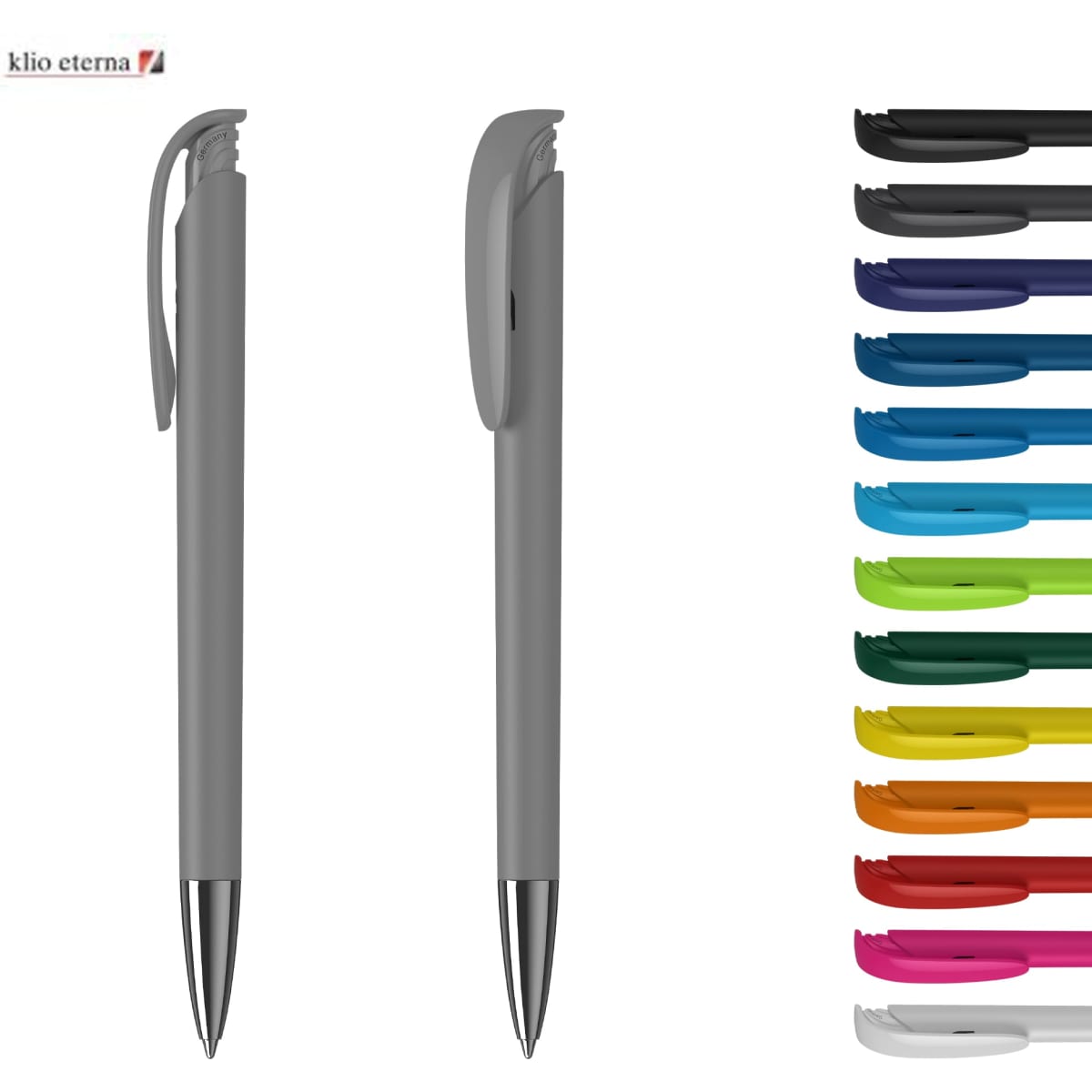 A metal pen in grey, featuring a clip and a glossy finish, alongside various colour options on the right.