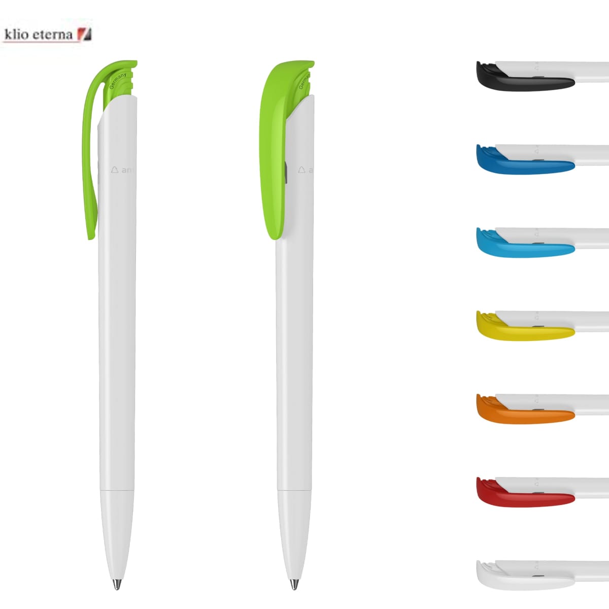 Plastic pens in white with a green clip, alongside various other coloured clips in blue, orange, black, and grey.