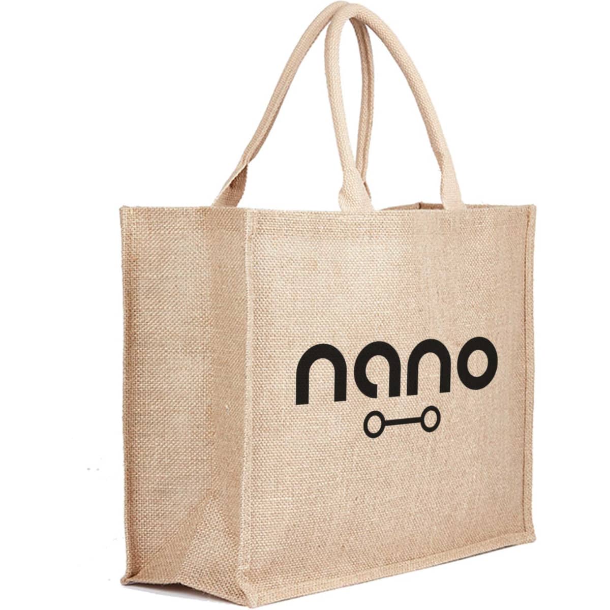 A natural jute bag in beige with two handles and a logo design. Ideal for reusable grocery needs.