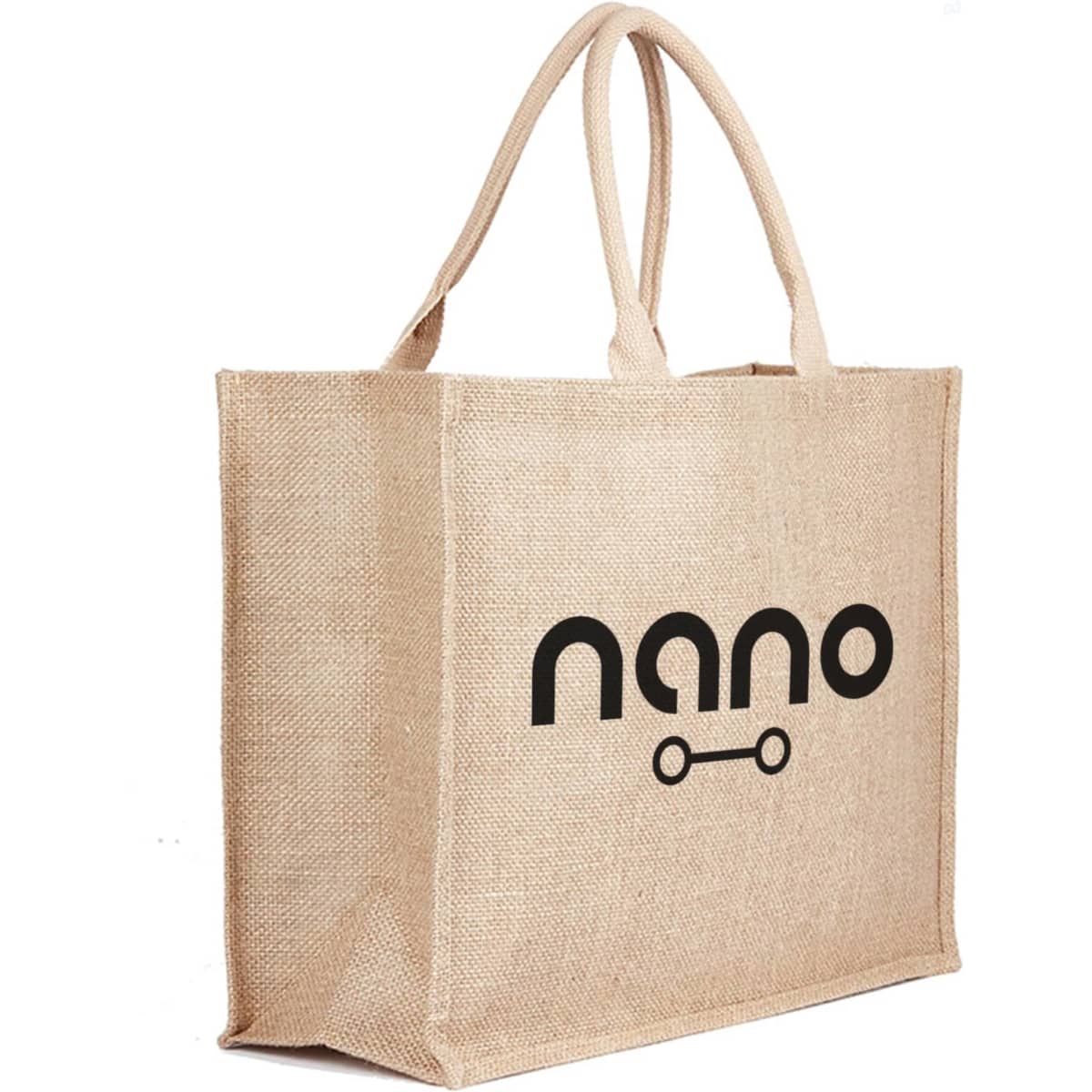 A beige jute bag with two handles and a logo on one side. Ideal for reusable grocery shopping.