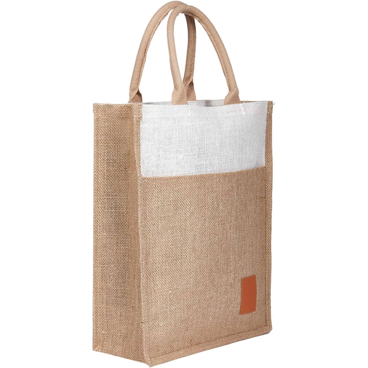 A jute bag in natural beige with a white fabric panel and a branded logo, featuring two handles for carrying.
