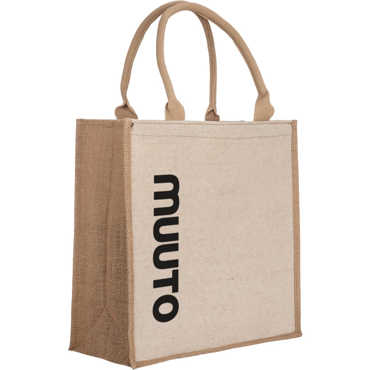 A reusable grocery bag in cream and brown with handles and a logo on the front.