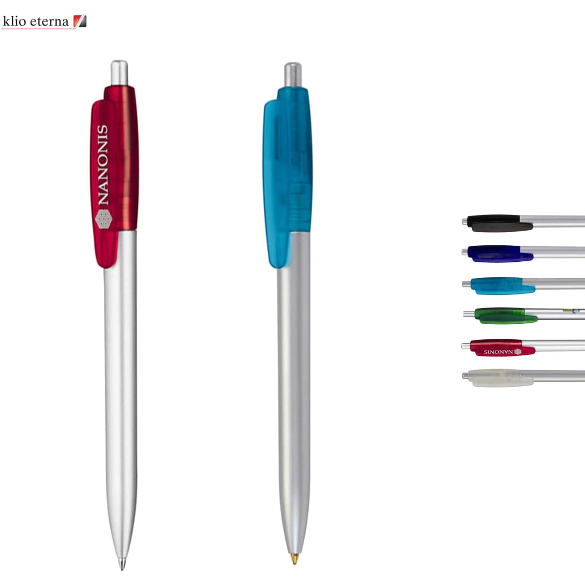 Two plastic pens in red and blue with silver barrels, accompanied by a selection of pens in various colours.