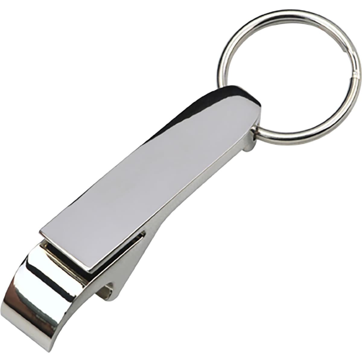 A drink bottle opener key ring in shiny silver metal with a smooth finish and a circular keyring attachment.