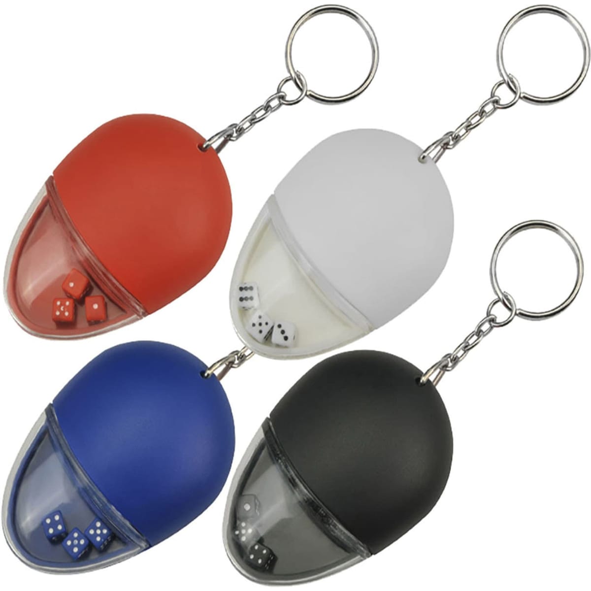 A drink bottle opener key ring in various colours—red, white, blue, and black—designed in the shape of a mouse with a transparent cap.