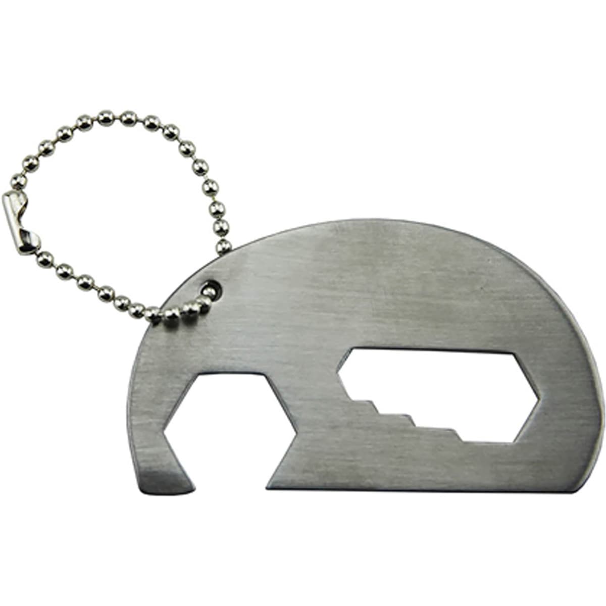 A drink bottle opener key ring shaped like an elephant, featuring a stainless steel finish and a ball chain attachment.