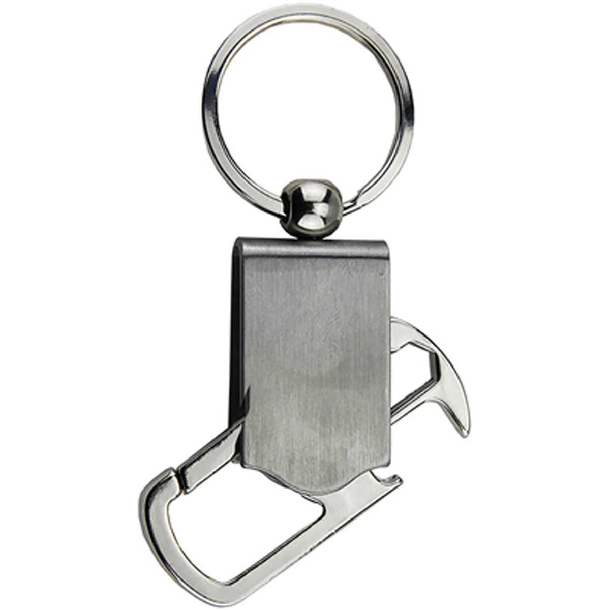 A drink bottle opener key ring in silver, featuring a sleek, metallic design with a key ring attachment.