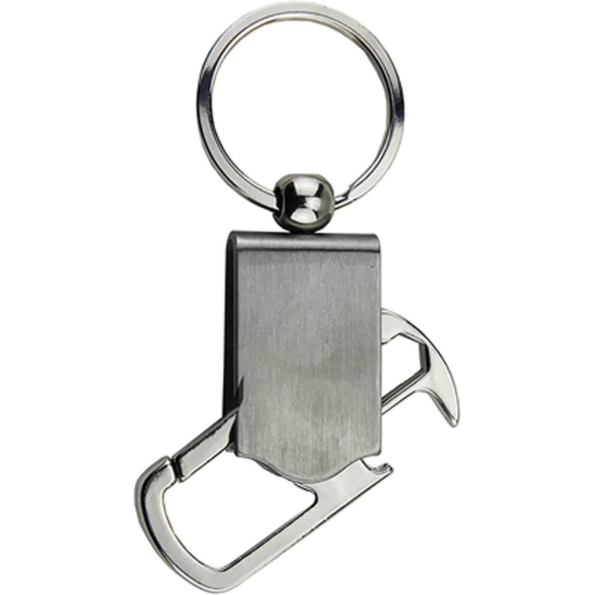 A drink bottle opener key ring in silver, featuring a sleek design and a rounded key ring attachment.