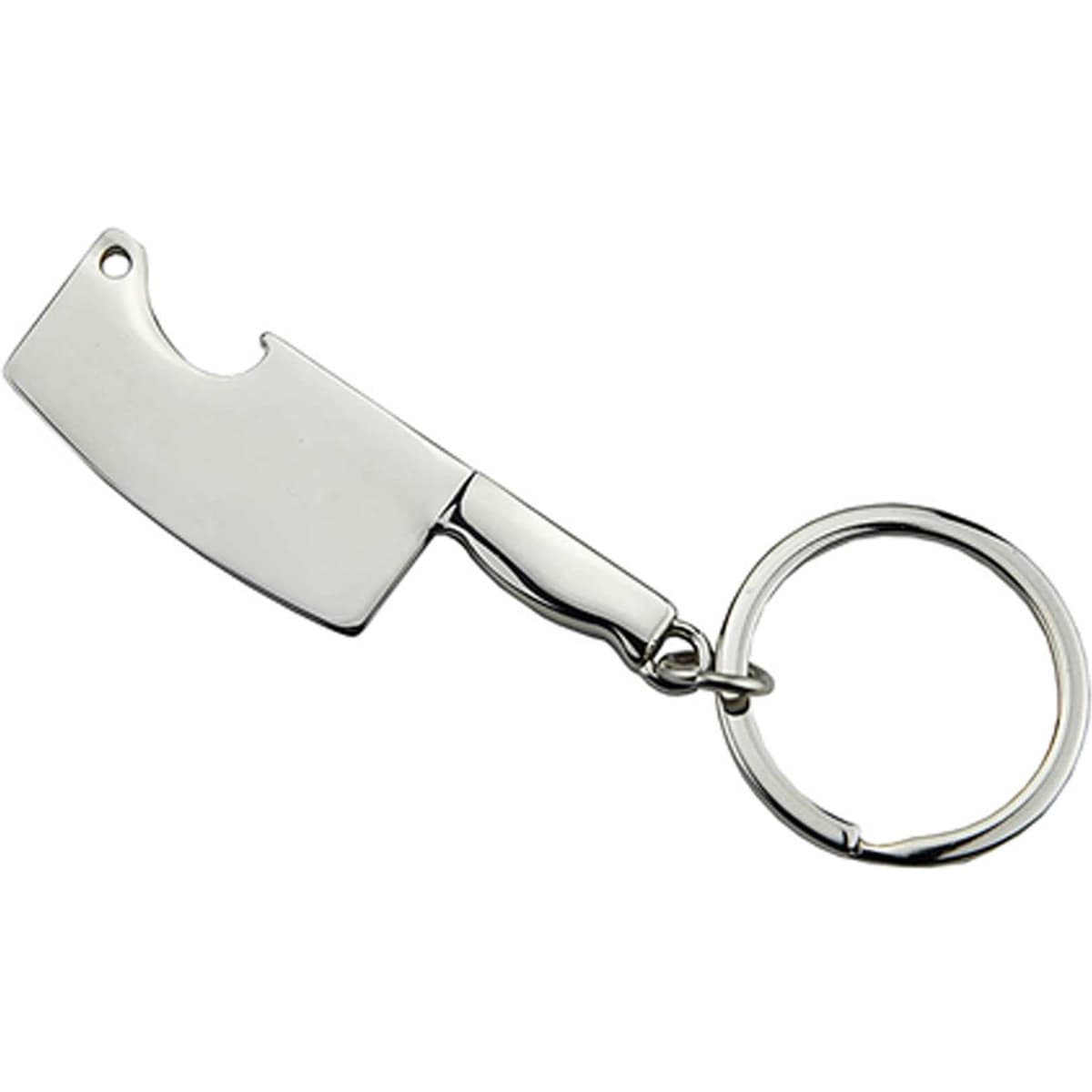 A drink bottle opener key ring shaped like a silver cleaver with a key ring attachment.