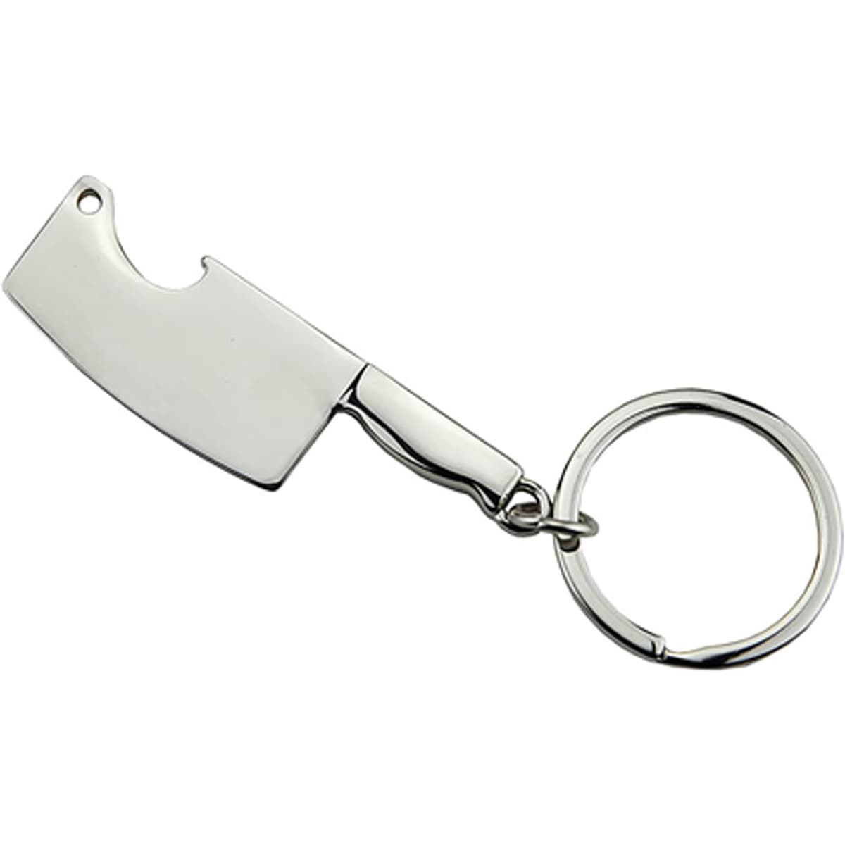 A drink bottle opener key ring shaped like a silver cleaver, featuring a metal ring for attachment.