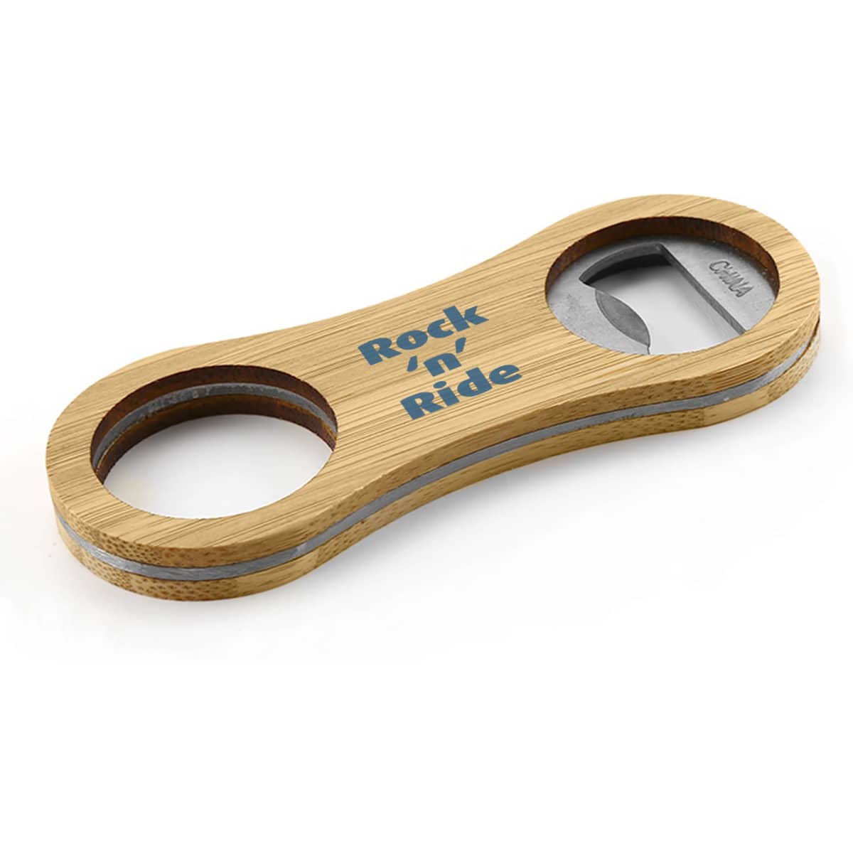 A drink bottle opener key ring made of bamboo with a stainless steel opener and a logo.