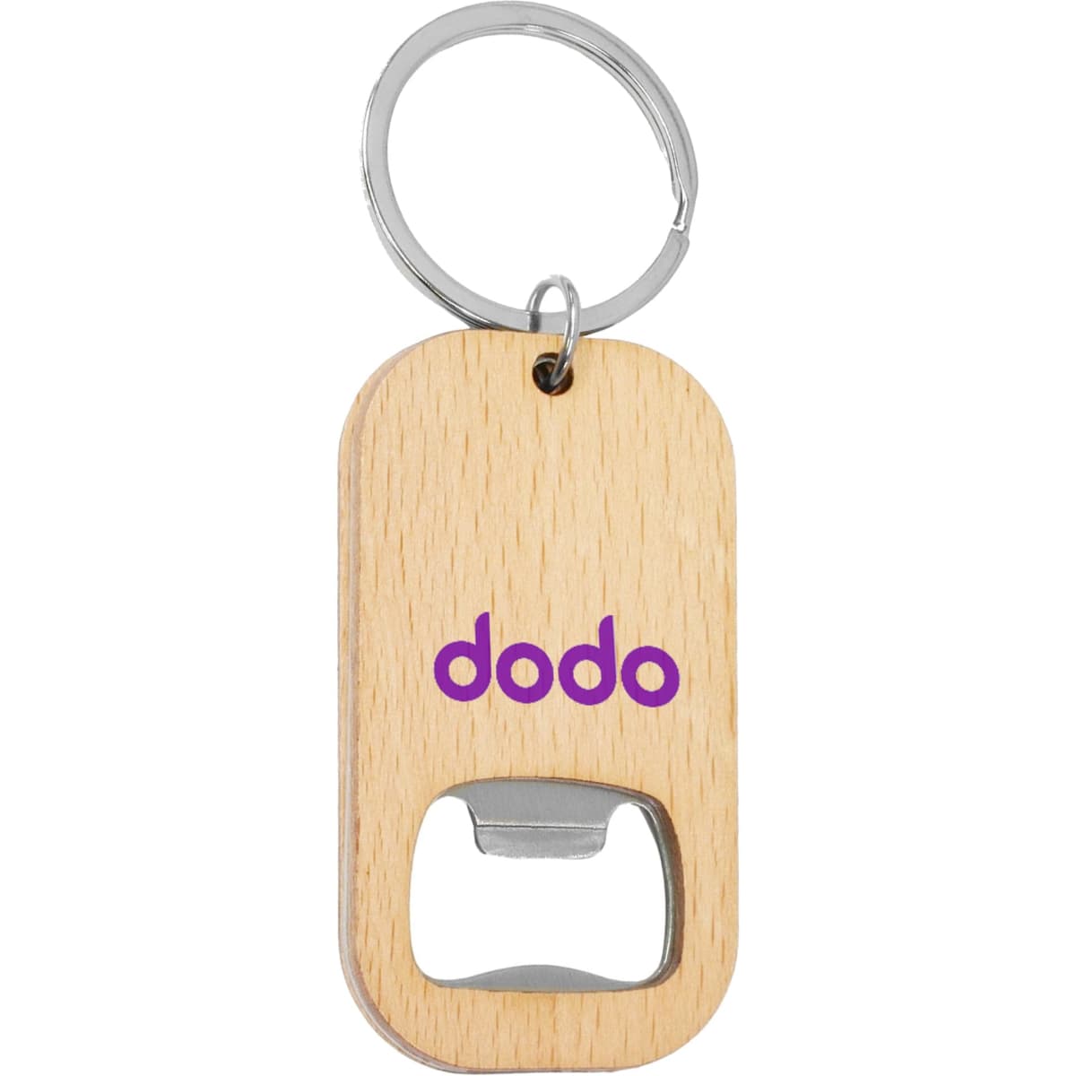 A drink bottle opener keyring in natural wood with a metal opener and a logo in purple.