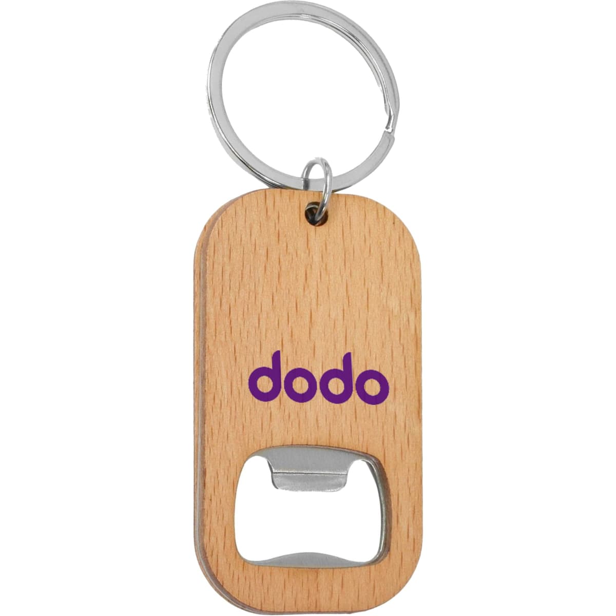 A drink bottle opener key ring made of bamboo, featuring a silver metal opener and a circular key ring.