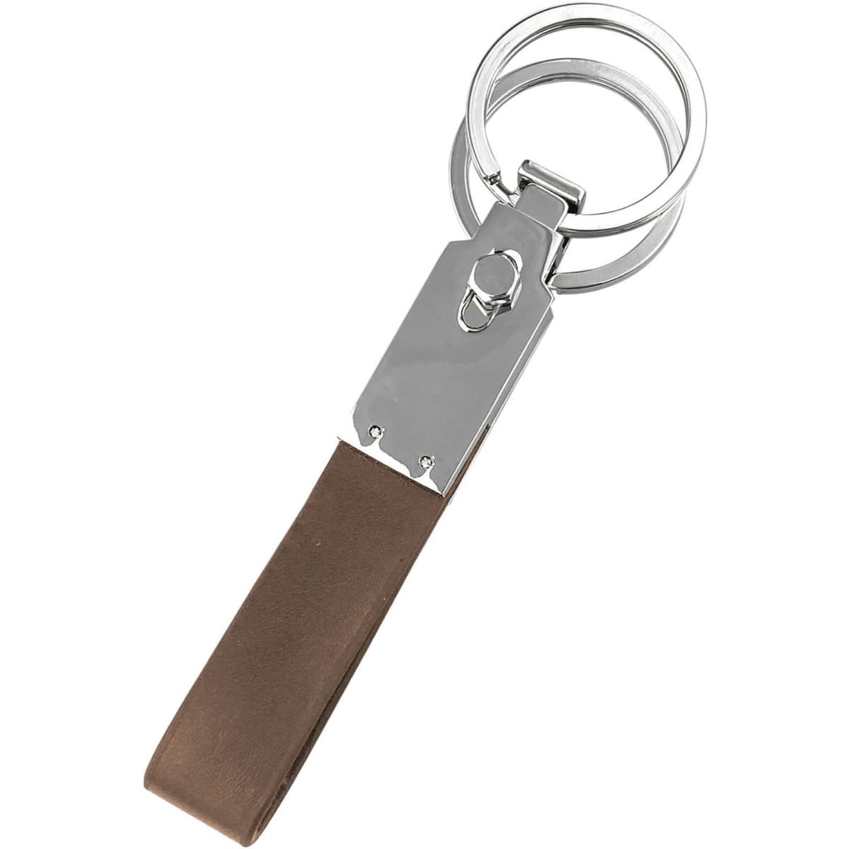 A brown keyring with a metal clip and two metal rings, featuring a sleek and modern design.