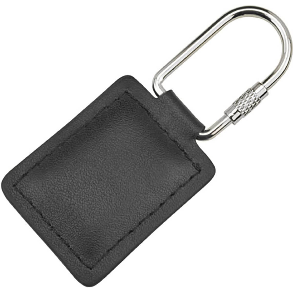 A black leather key ring with a metal clip for attaching keys. It features a simple rectangular design.