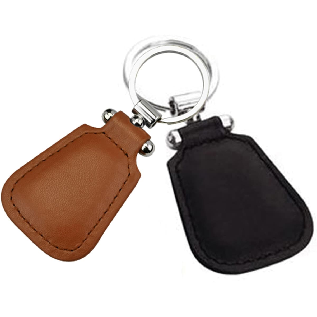 A rustic key ring featuring two leather tags, one in brown and the other in black, attached to a silver keyring.
