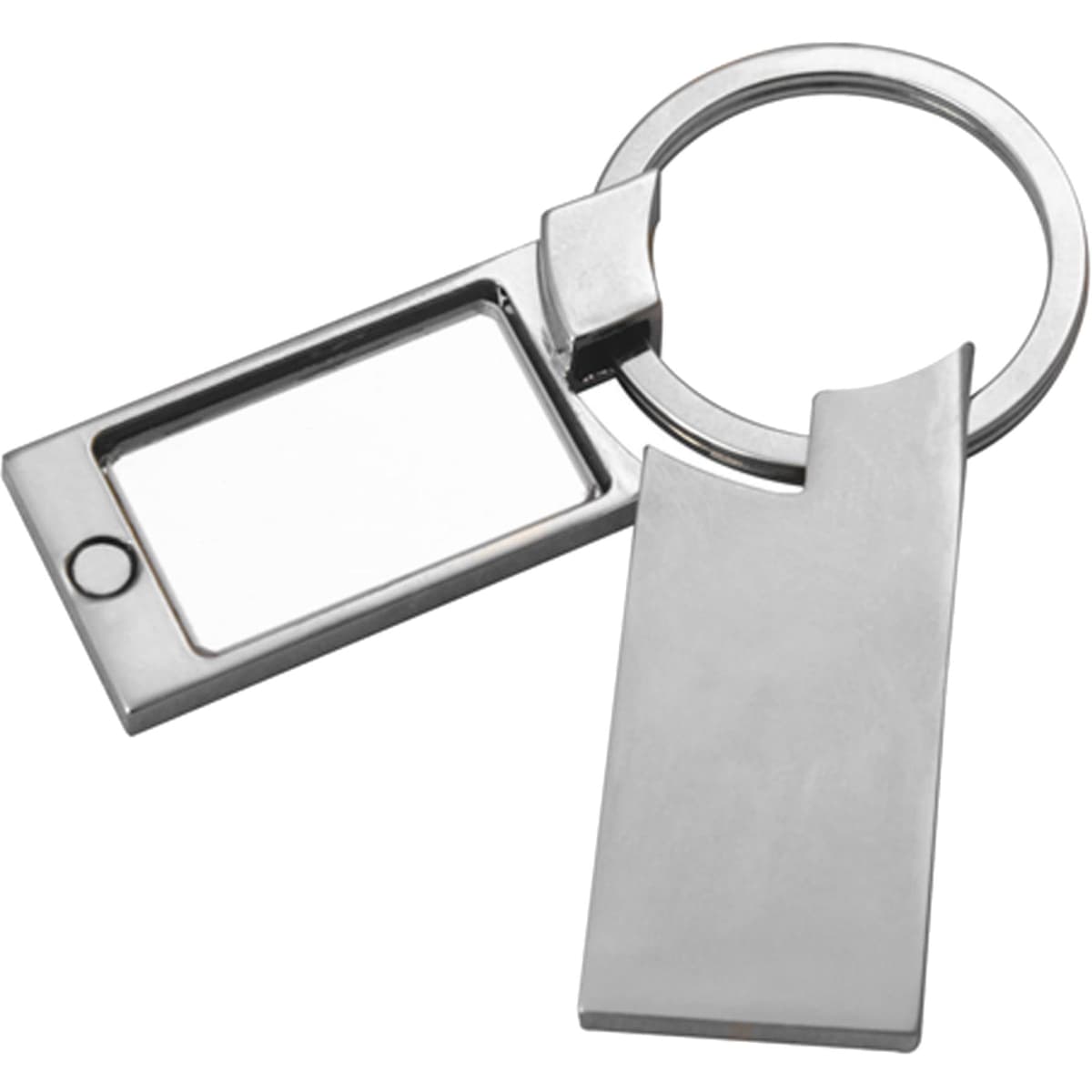 A metallic key ring with a rectangular frame and a flat tag, featuring a smooth silver finish.