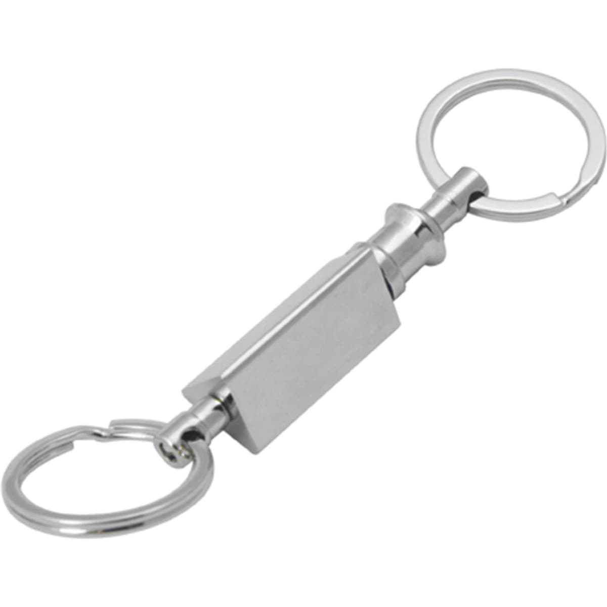 A silver key ring with a smooth cylindrical design and two keychain rings on either end.