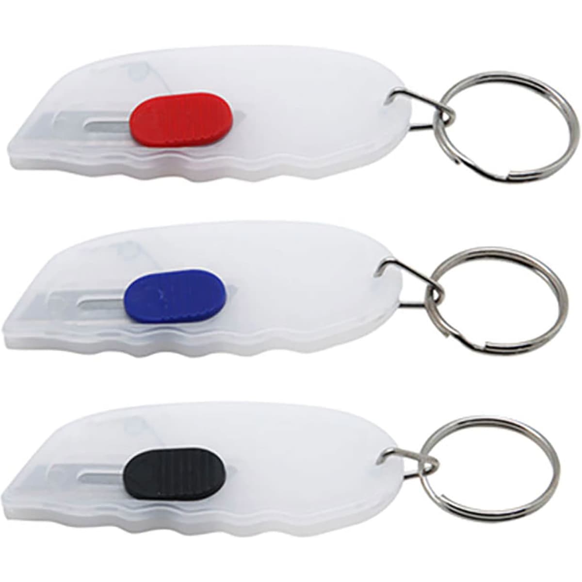 A set of three Mini Cutter Key Rings in white, featuring red, blue, and black buttons, attached to metal key rings.