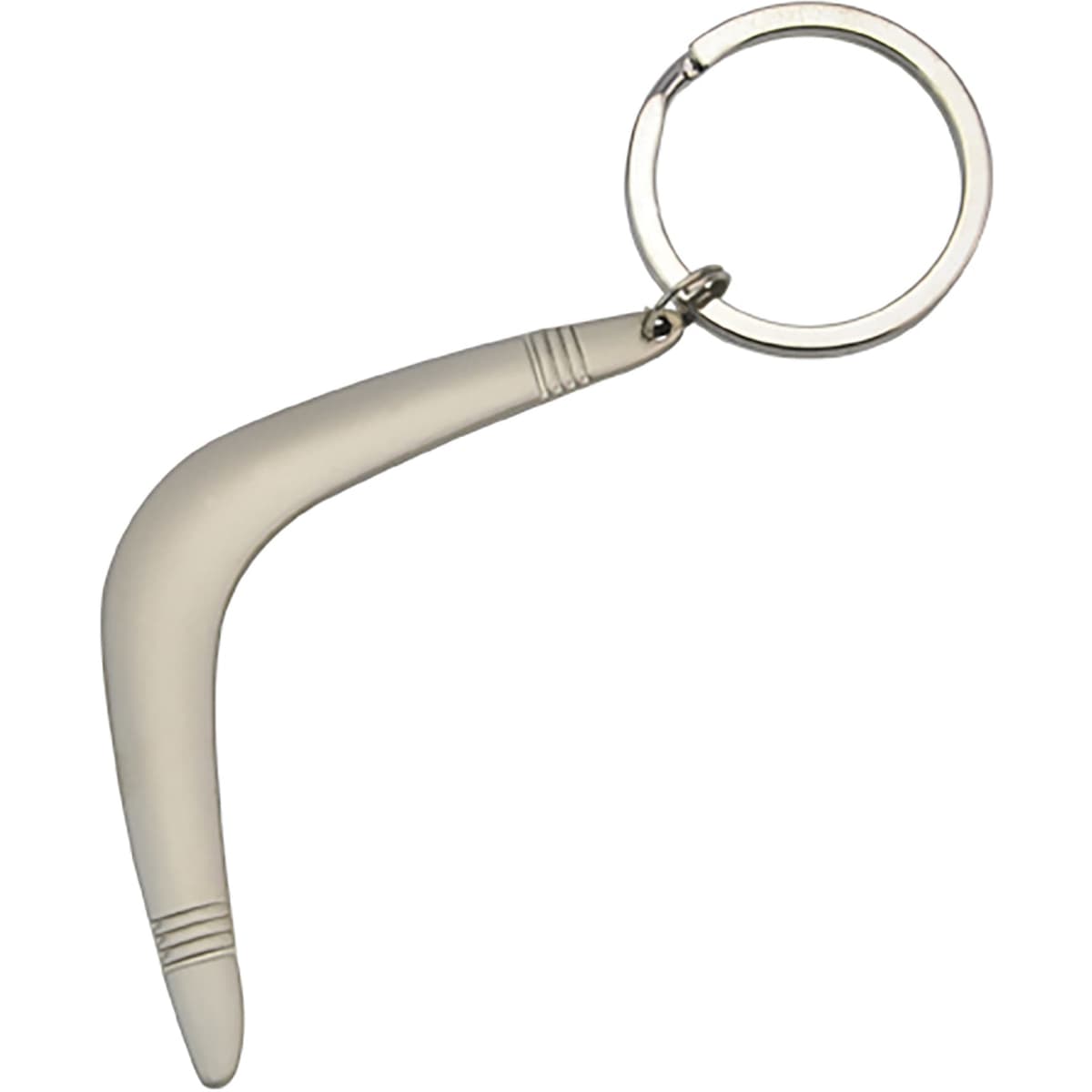 A grey boomerang-shaped key ring with a silver keychain attachment.