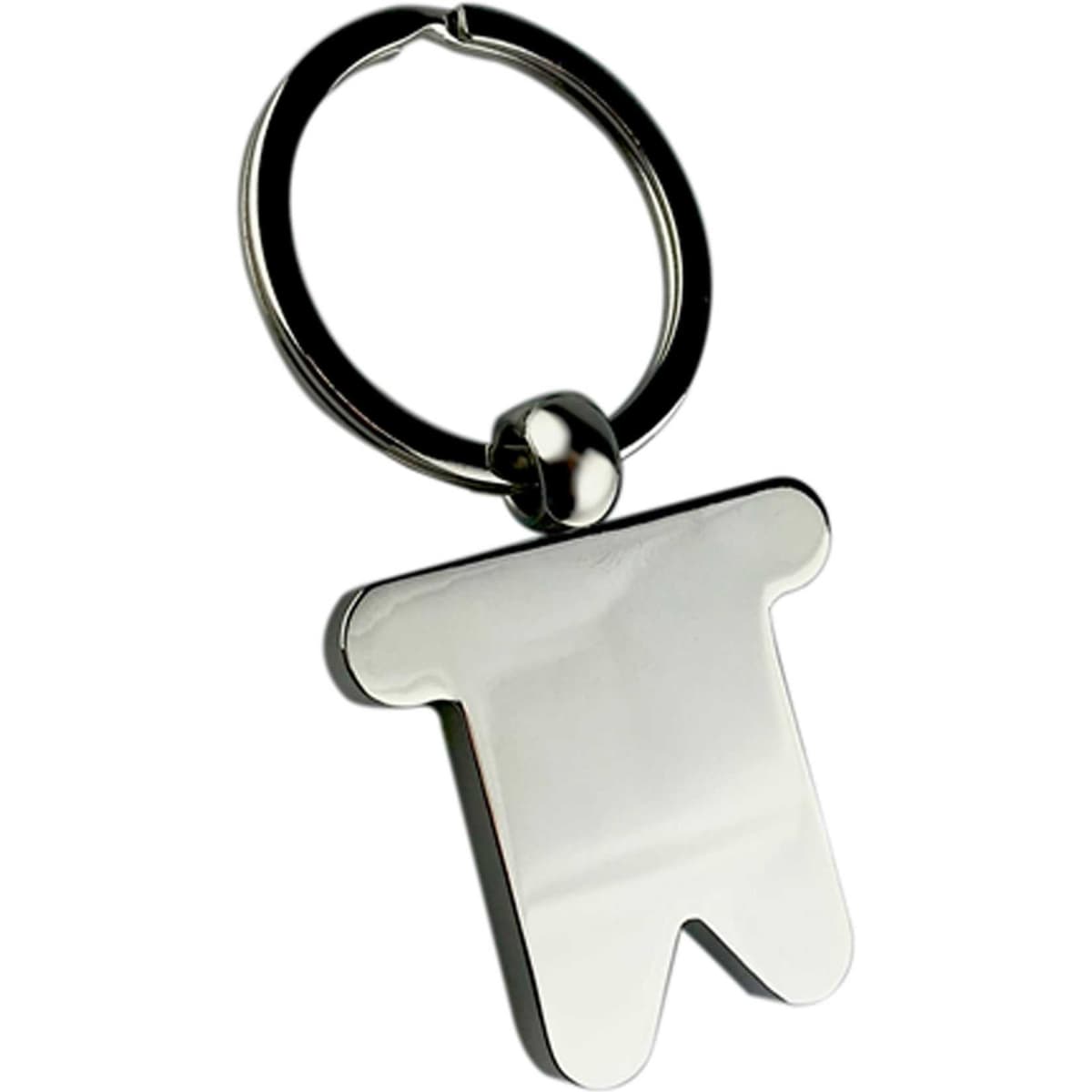A silver key ring shaped like a little man, featuring a simple design and a shiny finish.