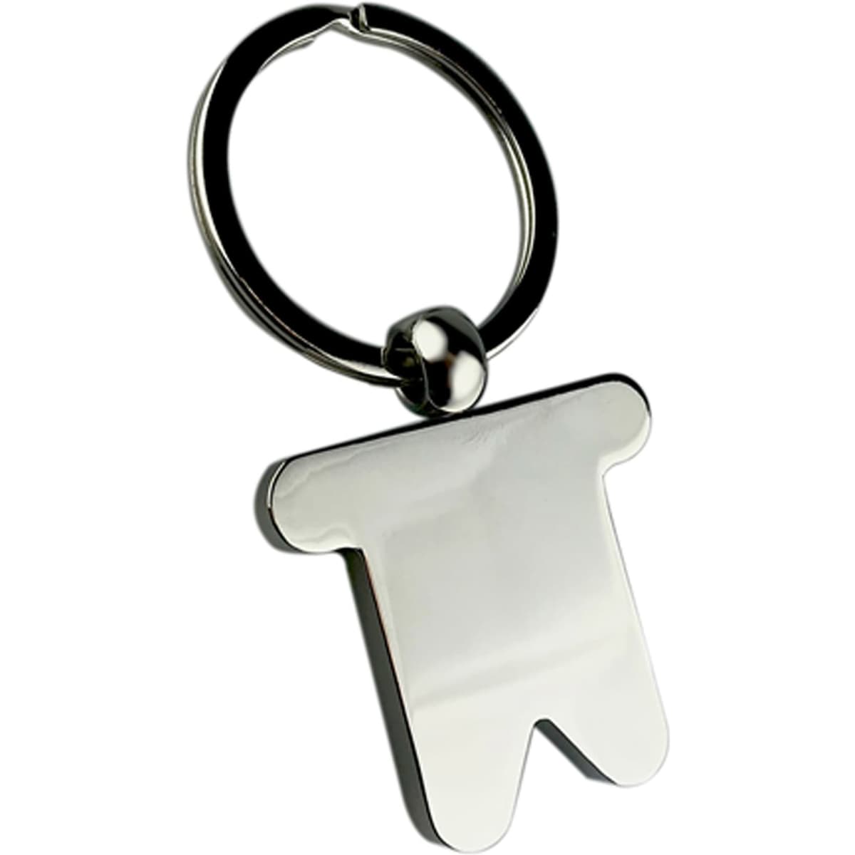 A silver keyring shaped like a small man, attached to a metal ring. The keyring has a shiny, smooth finish.