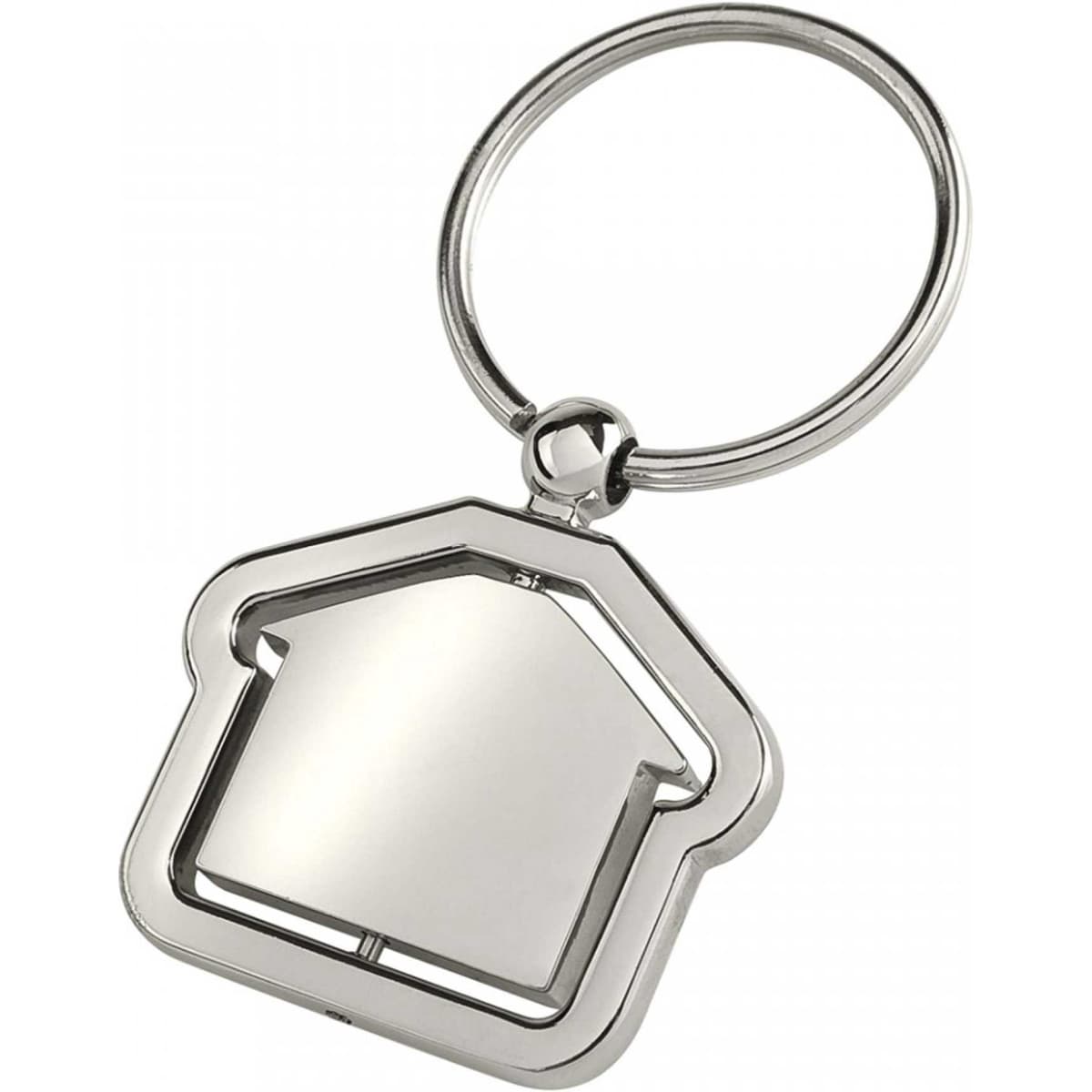 A silver house-shaped key ring with a smooth surface and a large metal ring for holding keys.