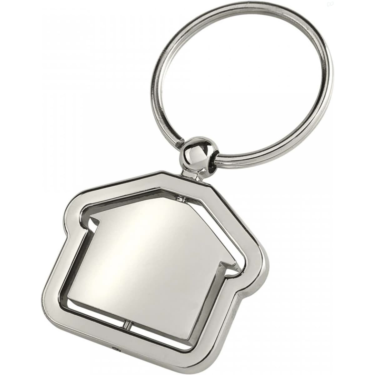 A silver key ring shaped like a house, featuring a smooth, reflective surface and a circular metal loop.
