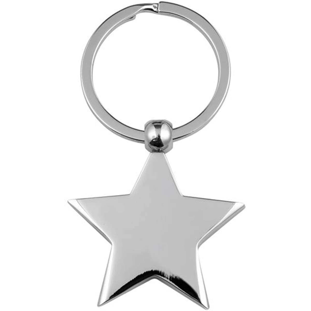 A silver star-shaped key ring with a circular metal attachment. Features a smooth, shiny surface.