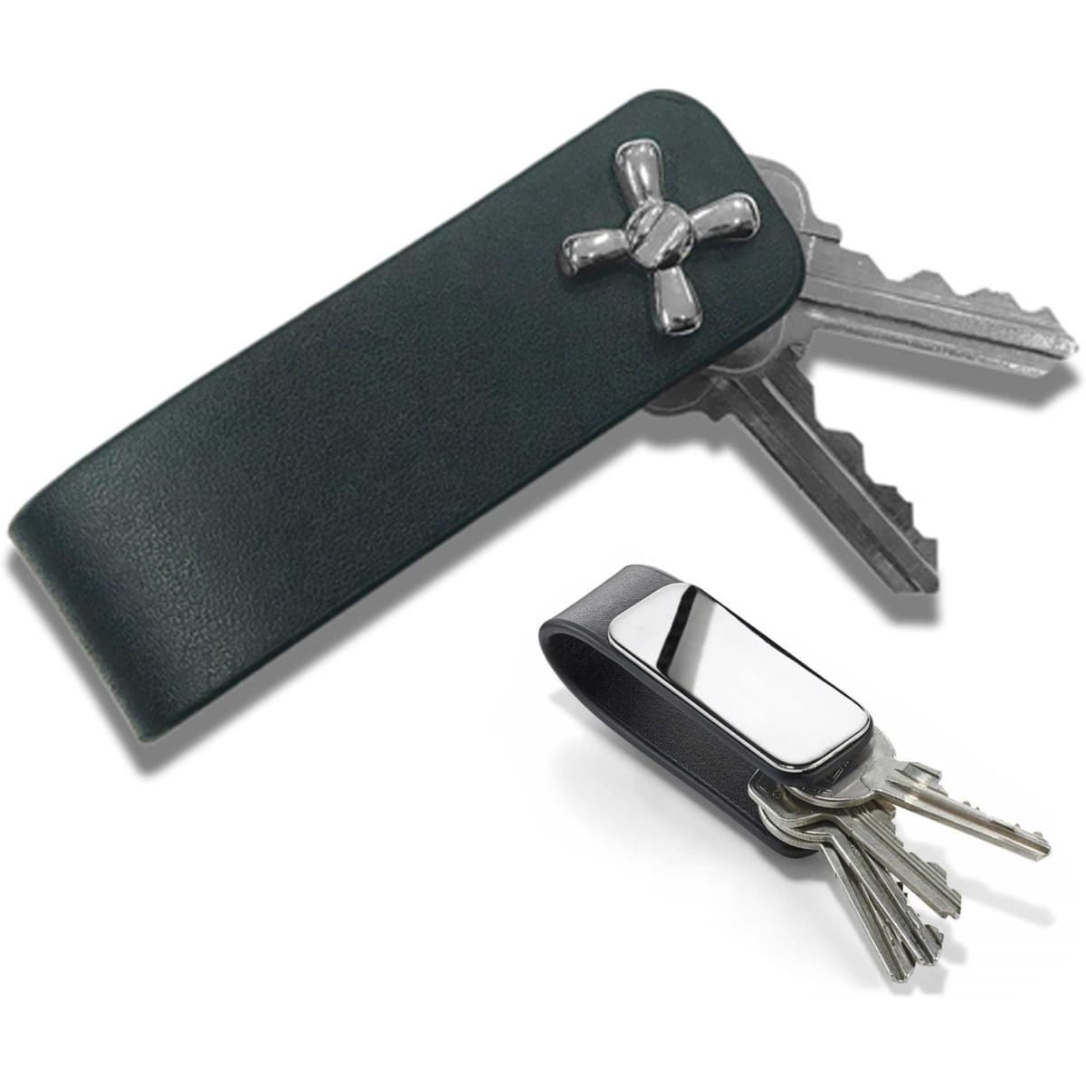 A green leather key holder with a metal clasp, featuring several keys attached to it.
