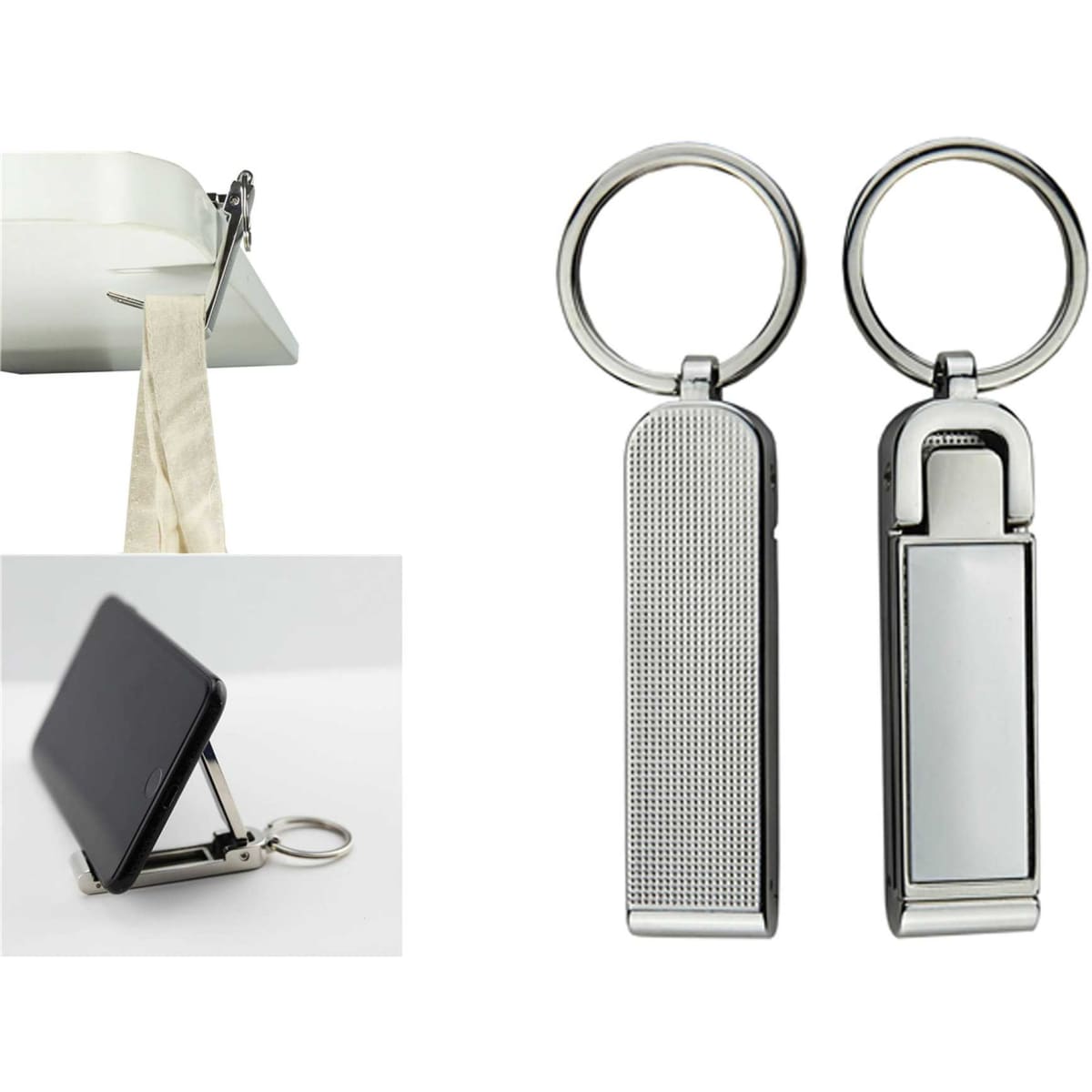 A silver key ring featuring a mobile stand, with a sleek design and multiple functions for holding a phone.