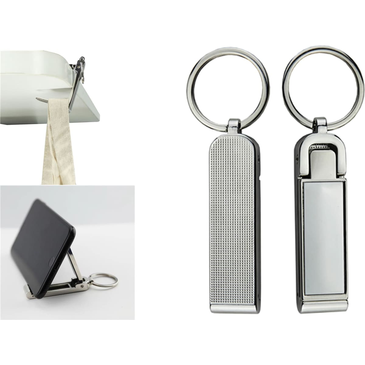 A mobile stand and hanger key ring in silver, featuring a compact design and dual functionality.