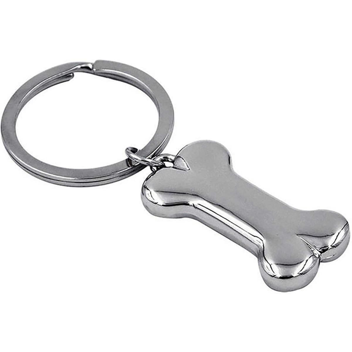 A silver bone-shaped keyring attached to a metal keychain loop.
