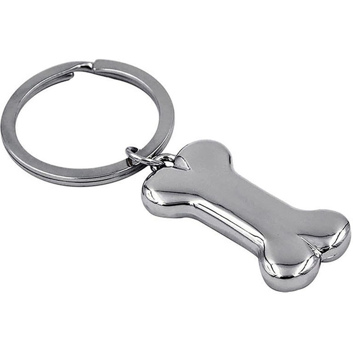 A shiny silver bone-shaped keyring attached to a metal ring. The keyring has a sleek, polished finish.