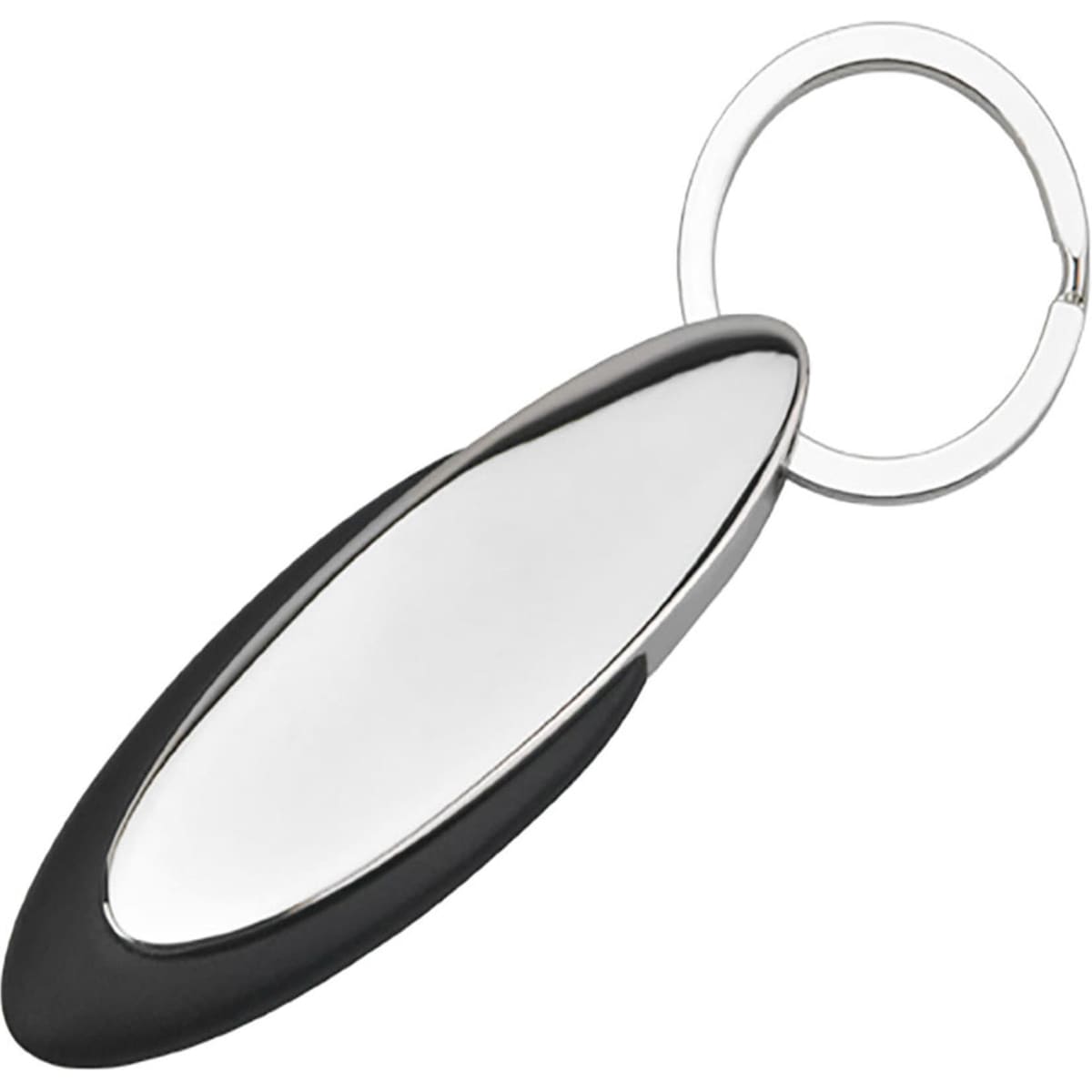 A sleek, oval key ring with a shiny silver surface and a black rubber grip. It features a metal key ring attachment.