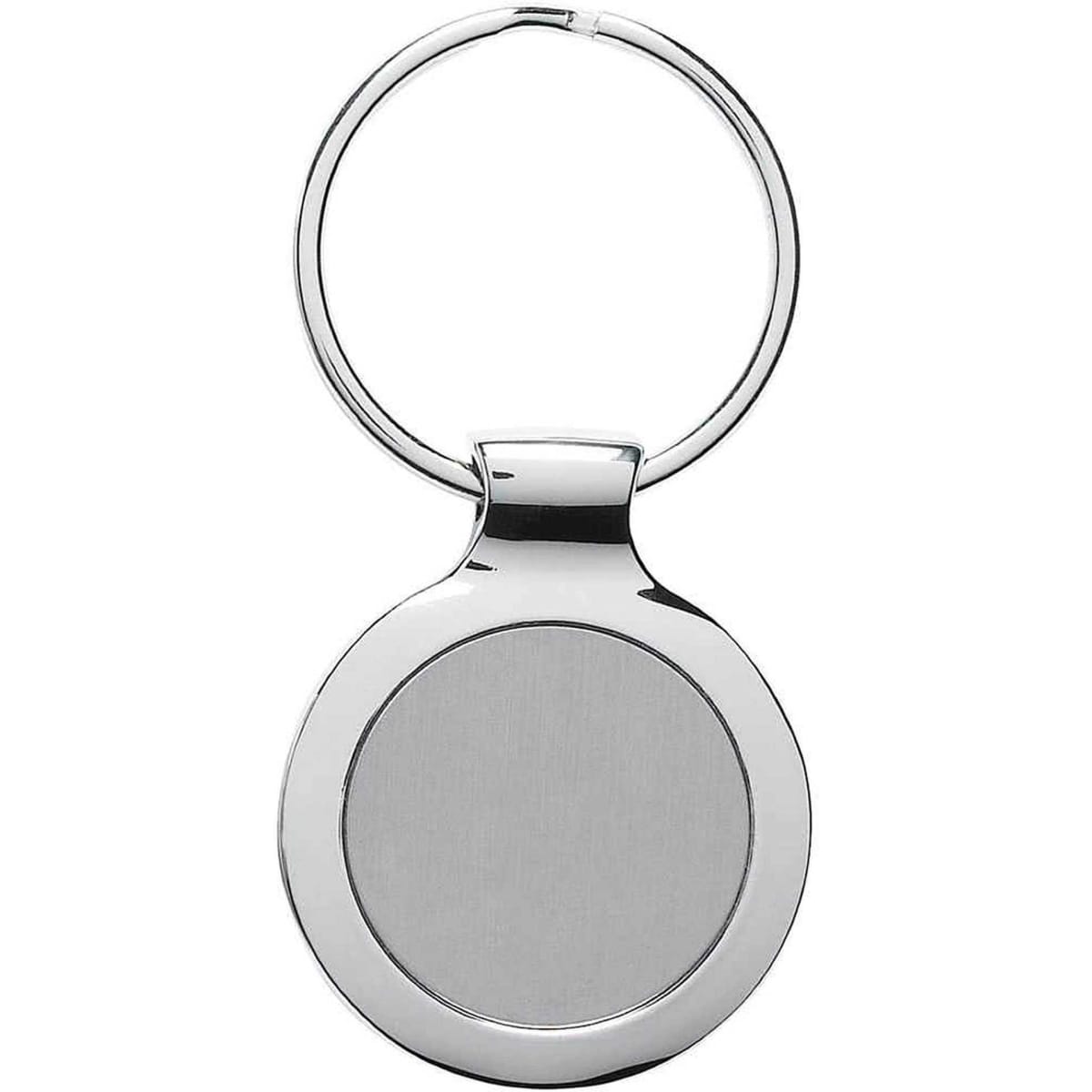 A silver discus key ring with a smooth, circular design and a detachable keychain attachment.