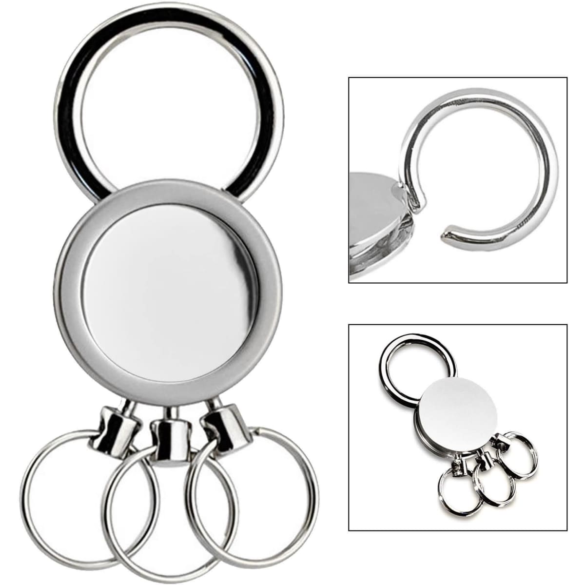 A silver multi ring key ring featuring a central circular piece and three attached key rings.
