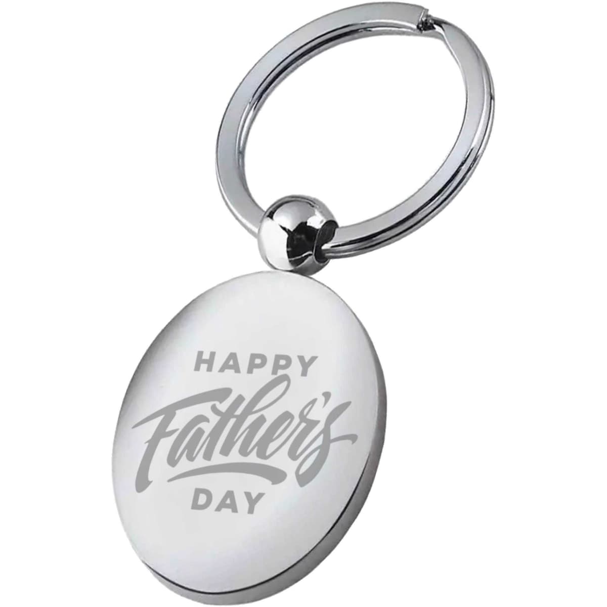 A silver key ring featuring an oval pendant with engraved text saying "Happy Father's Day".