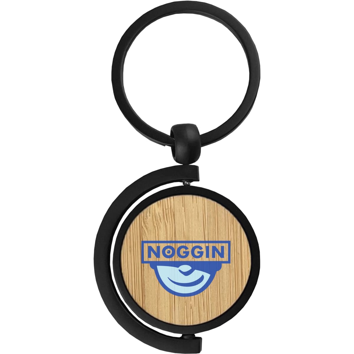A round bamboo key ring with a black metal attachment, featuring a logo on the bamboo surface.