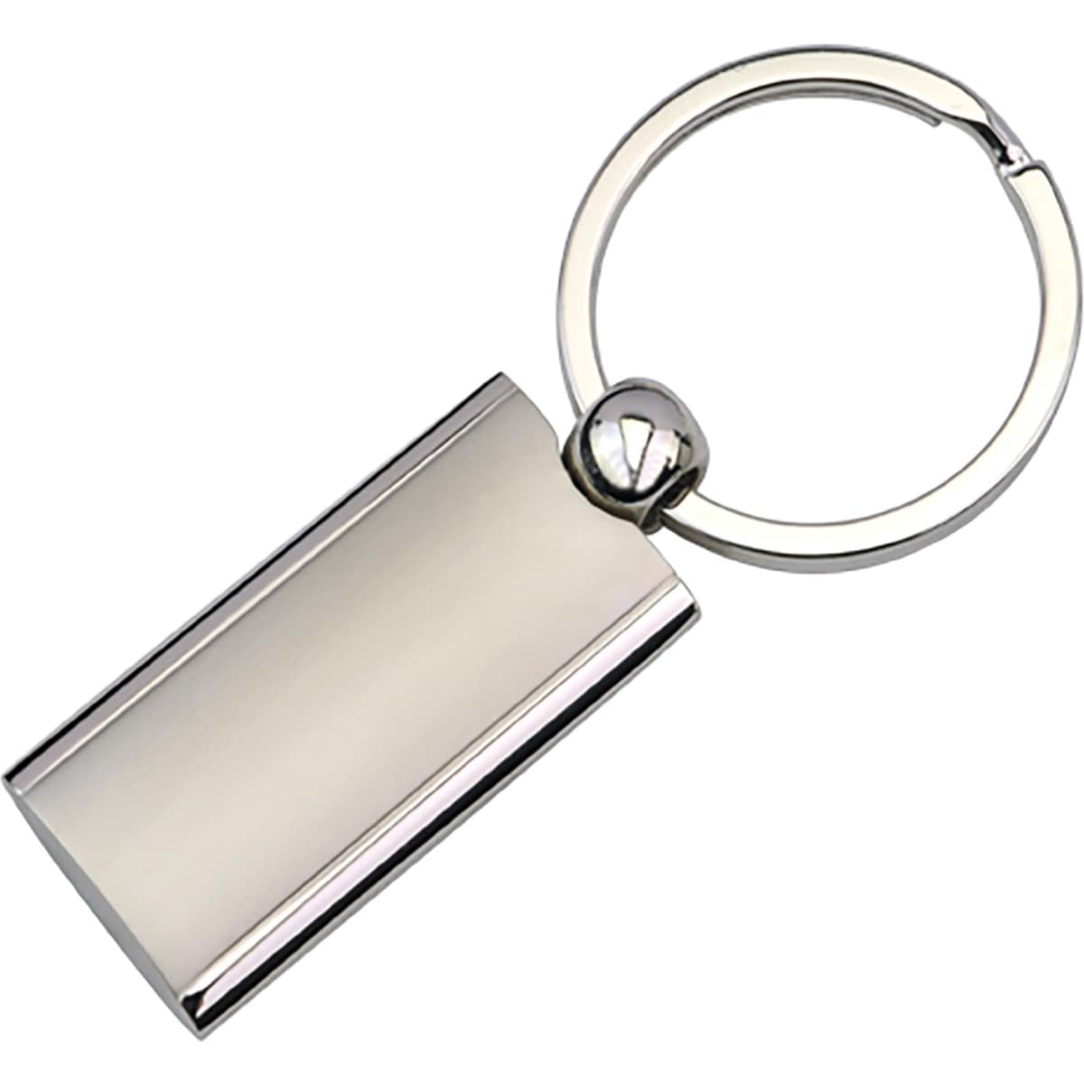 A silver satin key ring with a rectangular tag and a circular attachment. Features a shiny surface.