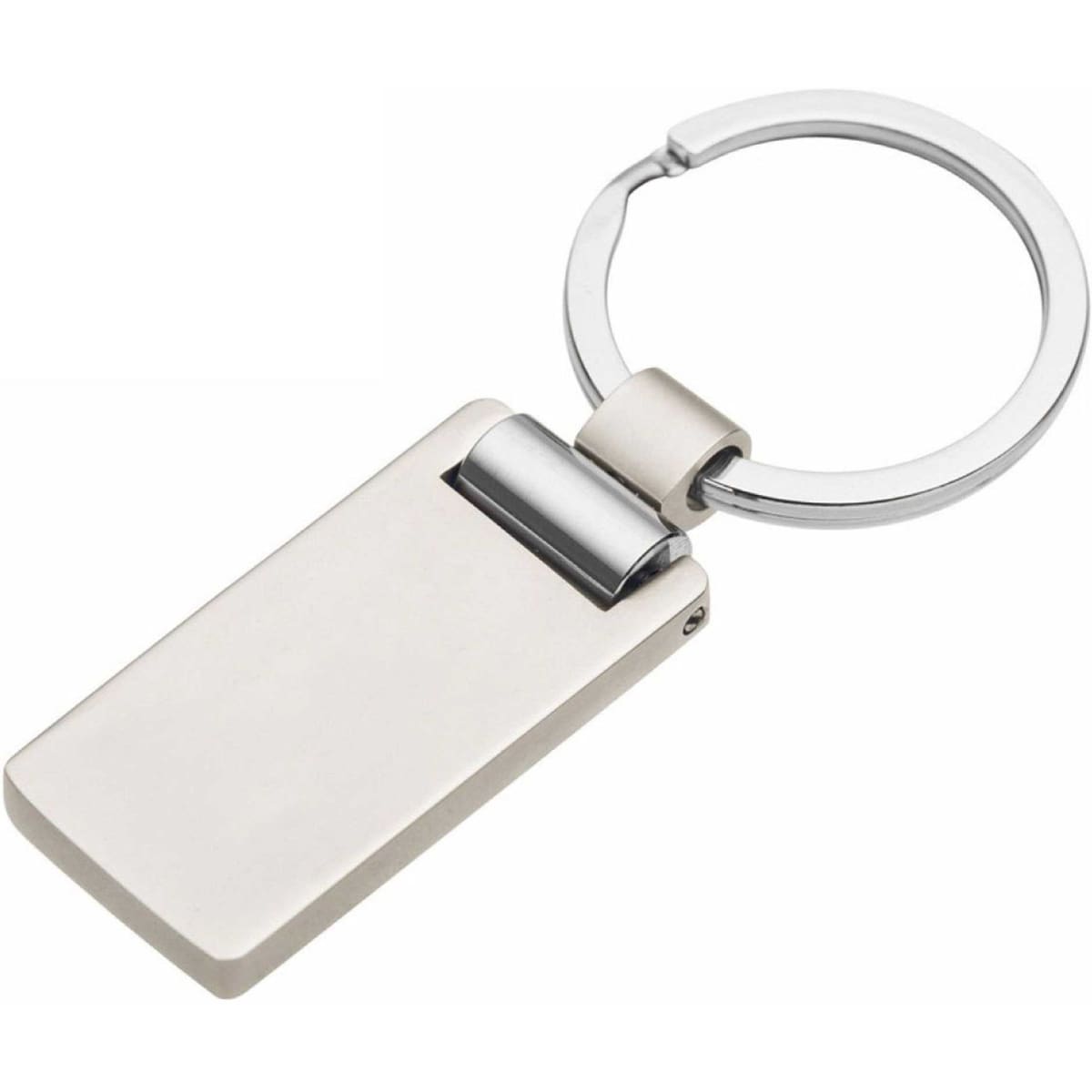 A sleek silver key ring with a rectangular design and a circular keyring attachment.