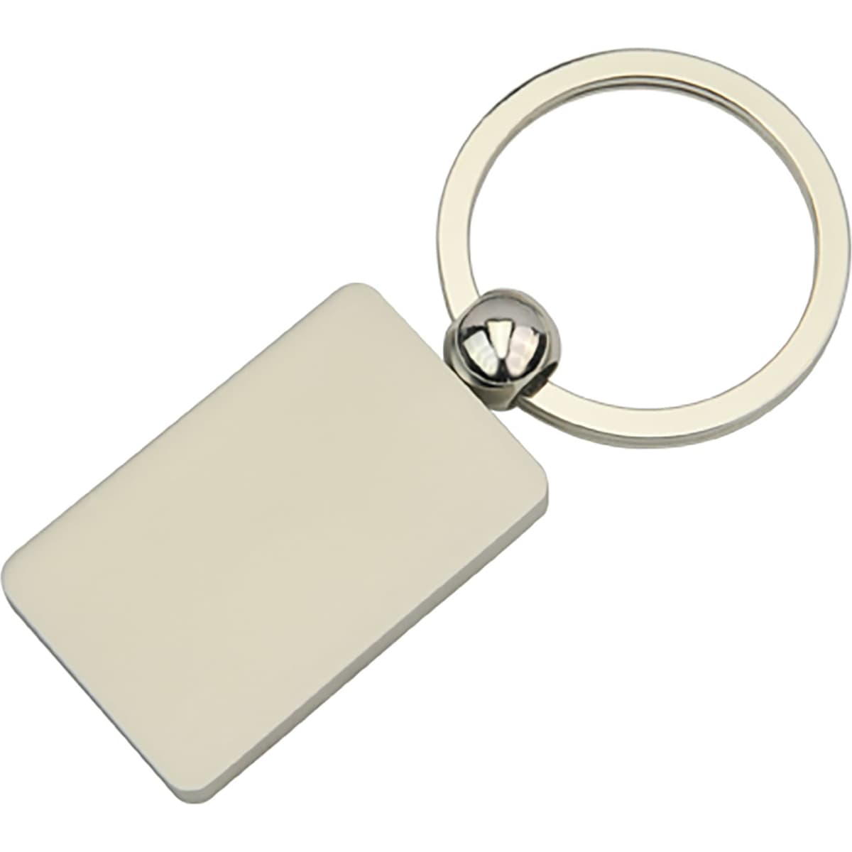 A silver key ring with a rectangular pendant and a circular attachment, featuring a smooth, blank surface.
