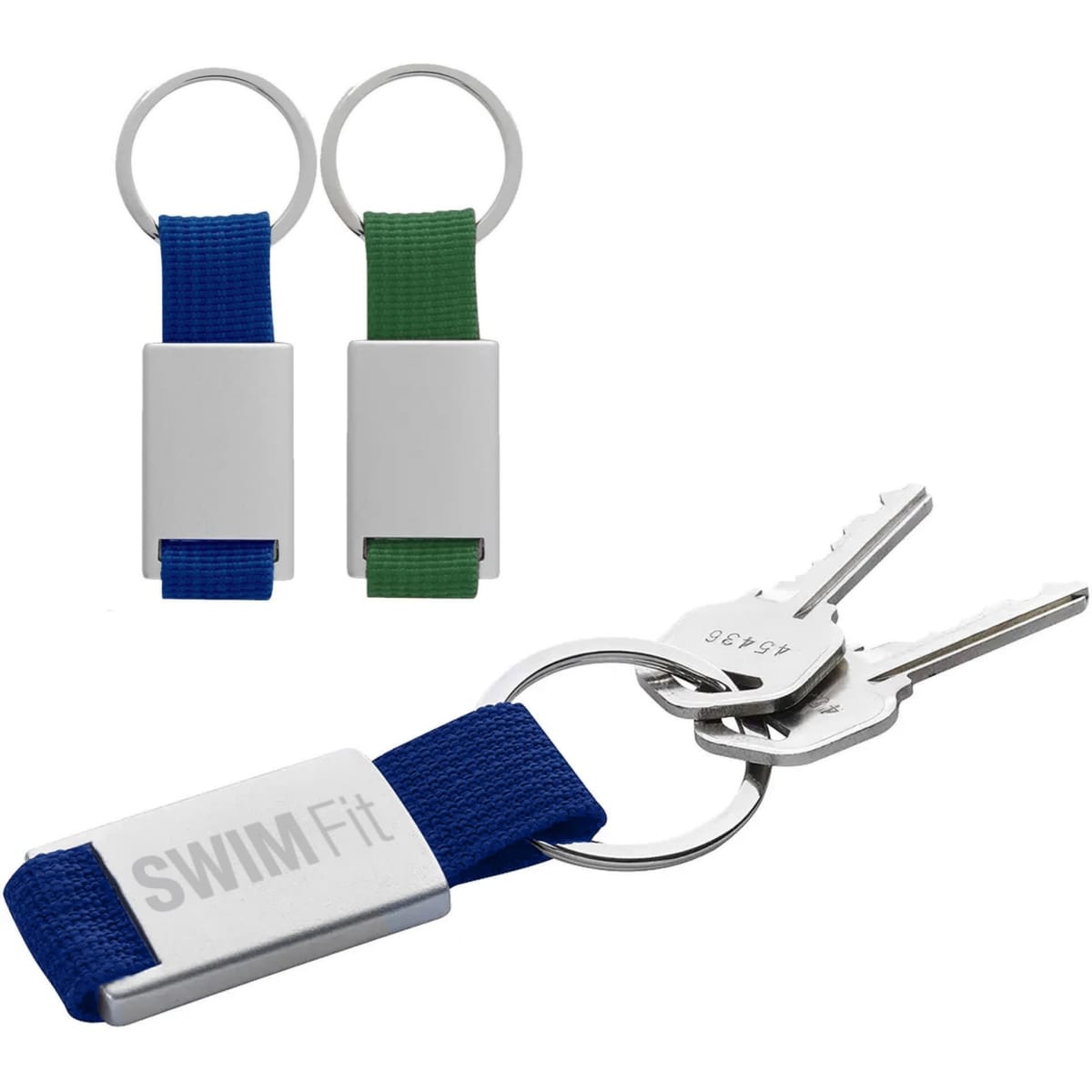 Two keyrings in blue and green with a metal tag, one attached to keys. Each features a branding logo.
