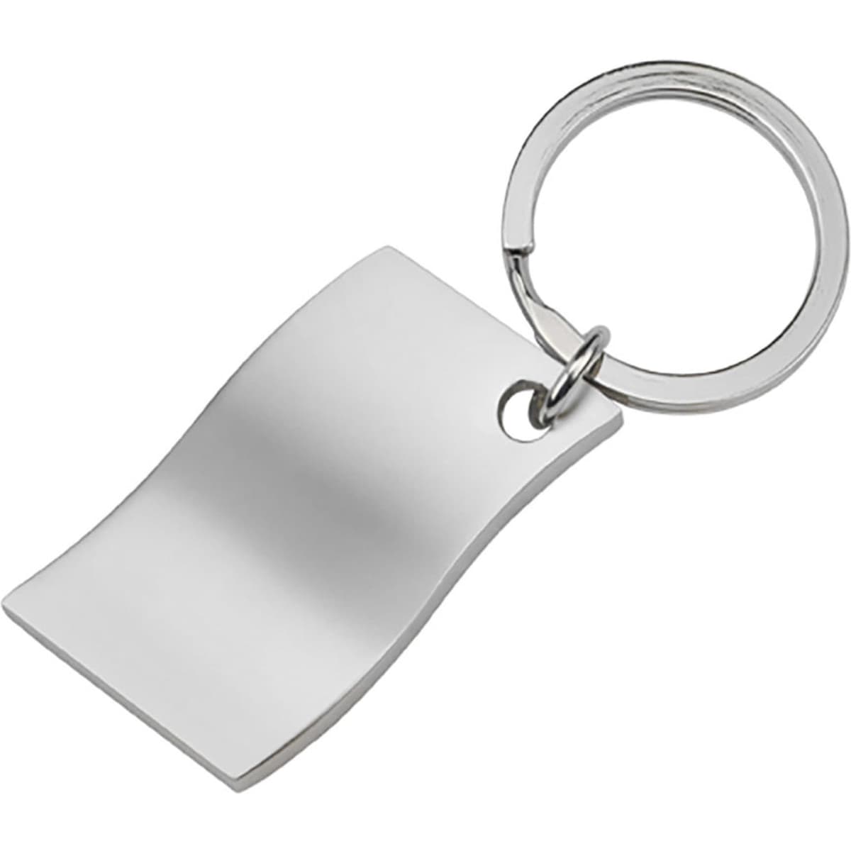 A silver key ring with a flat, curved key fob design. It features a circular attachment ring.