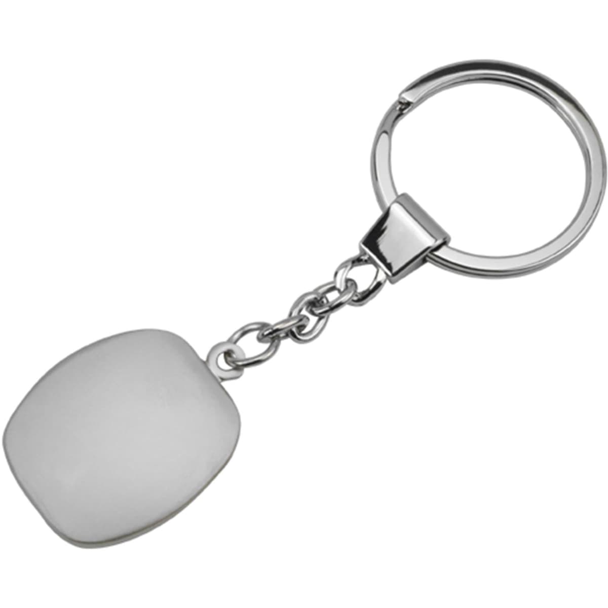 A metallic key ring with a smooth, white cubic pendant attached by a chain.