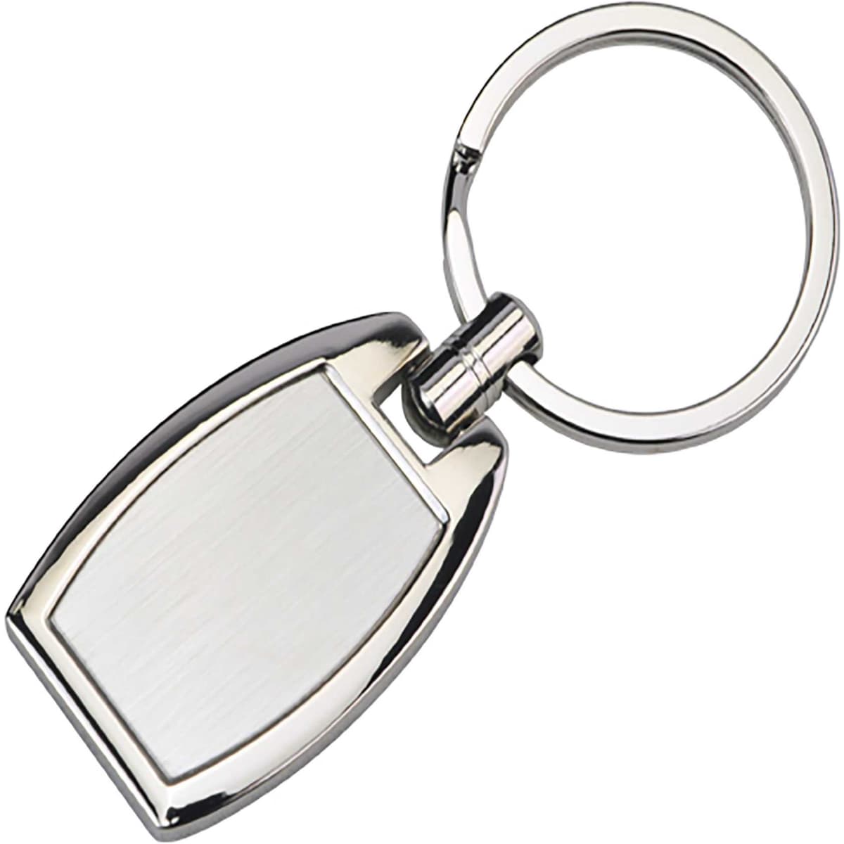 A silver key ring with a sleek, oval design and a smooth, reflective finish. It includes a circular keychain attachment.