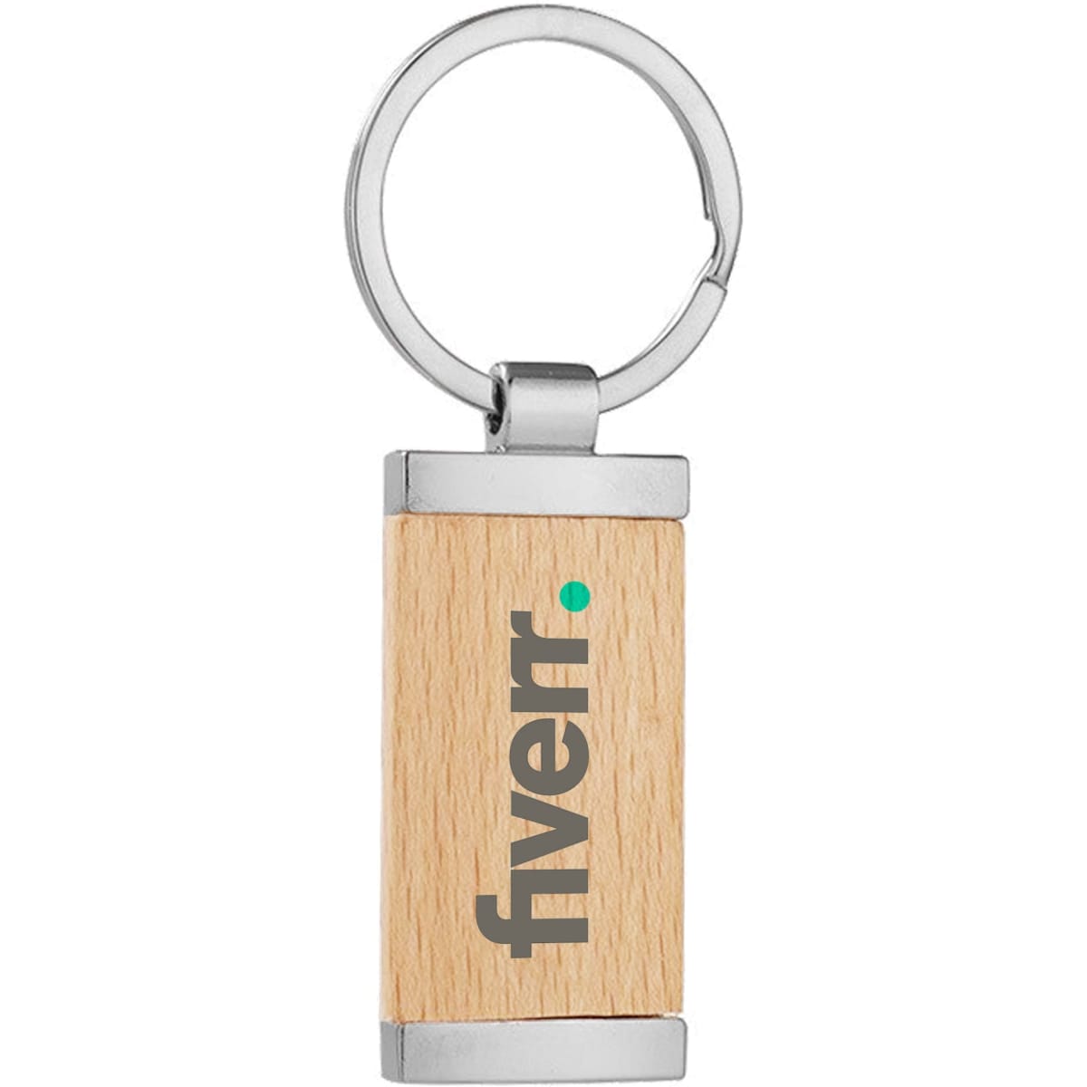 A wooden key ring with metal accents, featuring a branding logo on the wood surface.